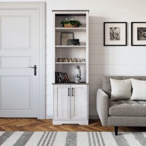 80 Inch Rustic Washed White Tall Bookcase Farmhouse Freestanding Shelf