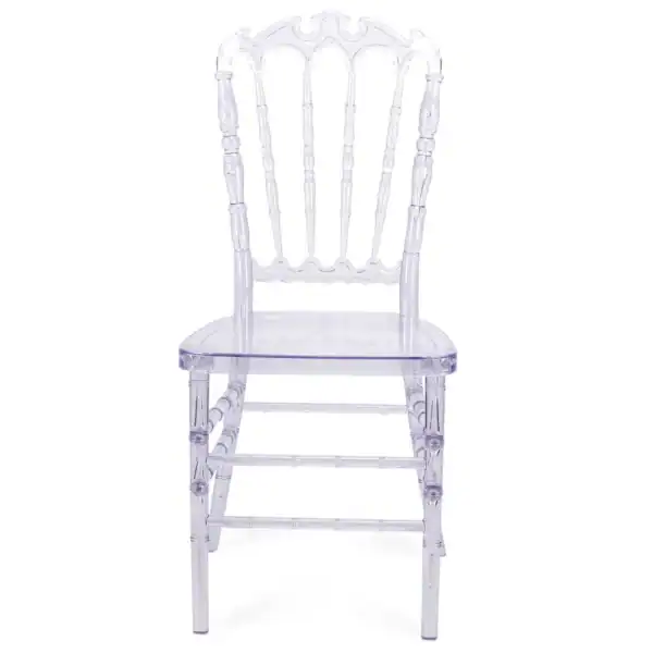 Acrylic hotel lobby chair with a transparent finish, perfect for waiting areas and hospitality setti.