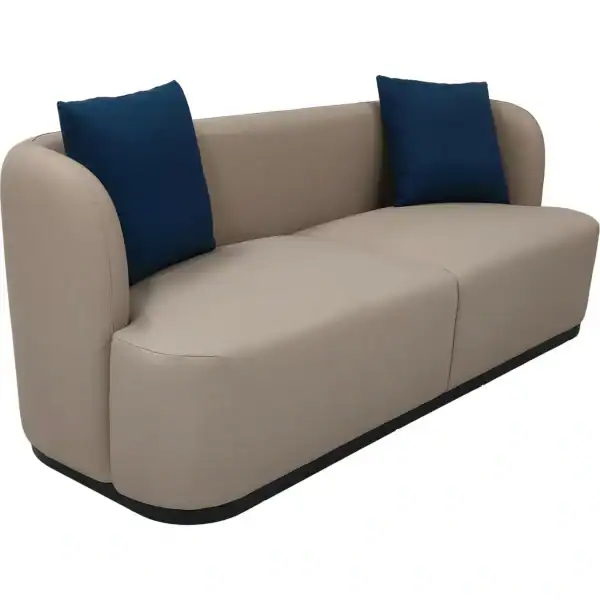 Comfortable beige 3-seater sofa with blue cushions for hotel lobby waiting areas.