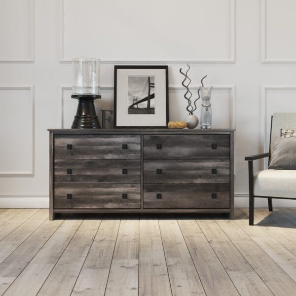 Rustic Farmhouse 6-Drawer Dresser Washed White or Rustic Oak - Image 3
