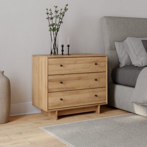 3-Drawer Oak Finish Modern Nightstand Natural Wood Bedside Table
