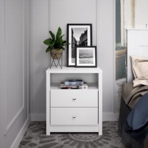 Tall White 2-Drawer Slim Nightstand Minimalist Bedside Table